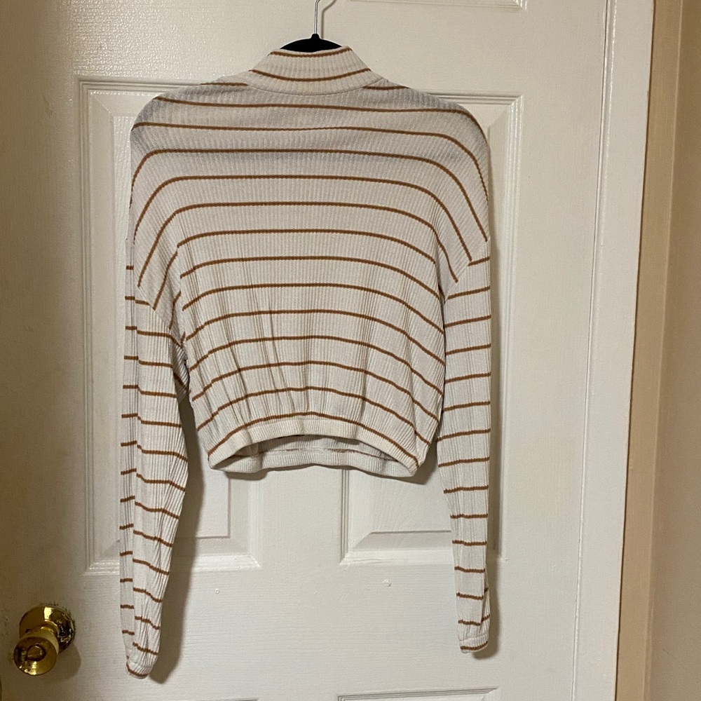 Garage Striped White and Brown Mock Neck Knit Top